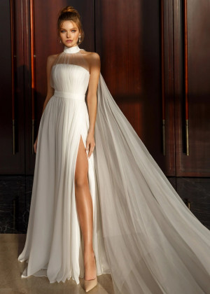 Halter Ivory Chiffon Tulle Slit Wedding Dress